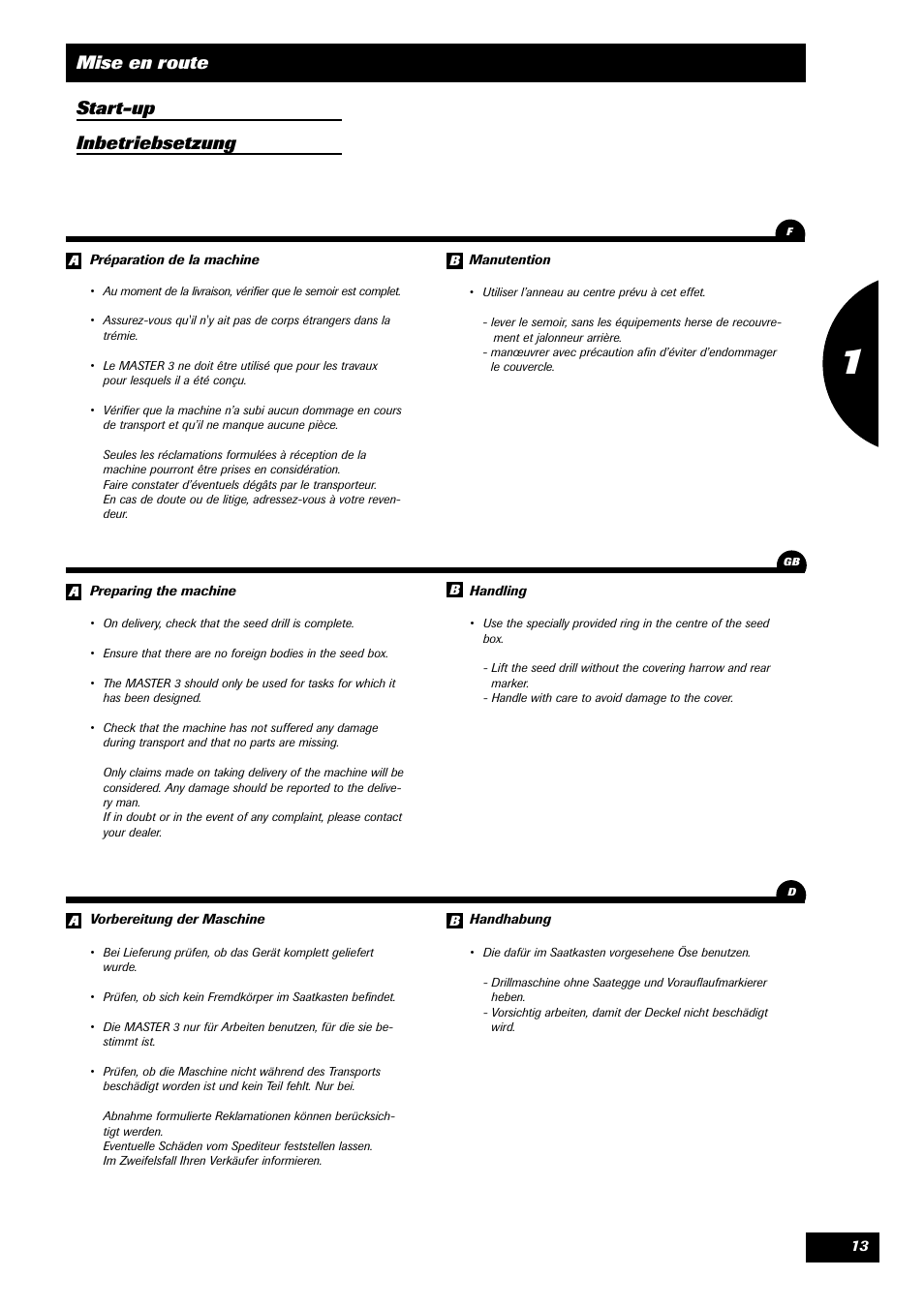 Mise en route start-up inbetriebsetzung | Sulky Master 3 User Manual | Page 14 / 96