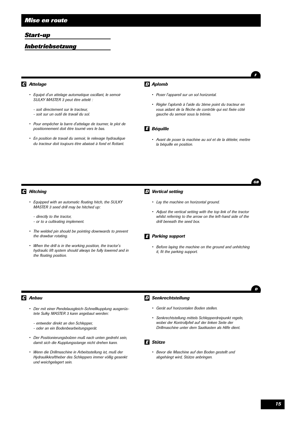 Mise en route start-up inbetriebsetzung | Sulky Master 3 User Manual | Page 16 / 96