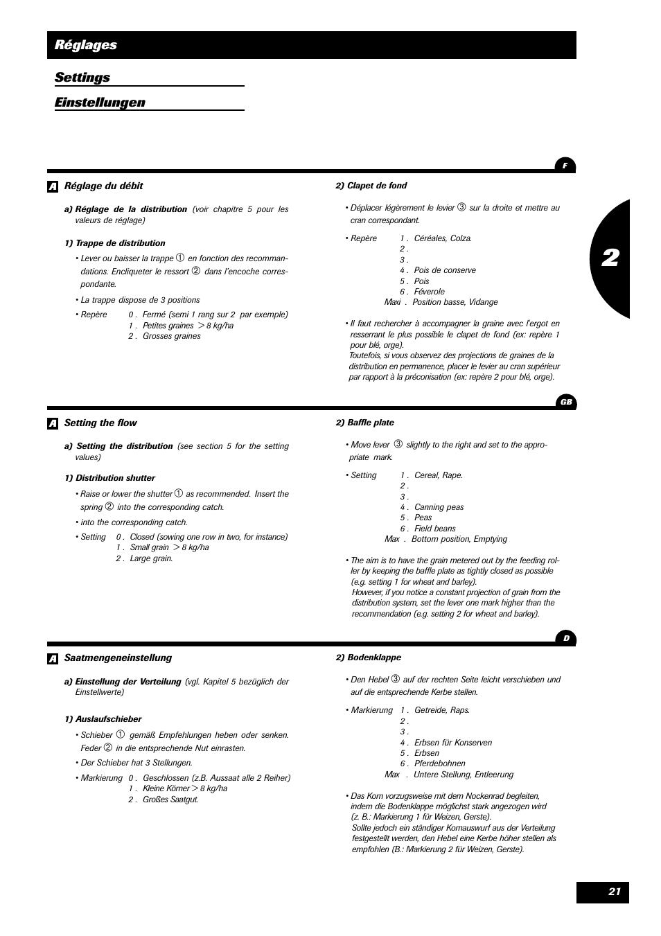 Réglages settings einstellungen | Sulky Master 3 User Manual | Page 22 / 96