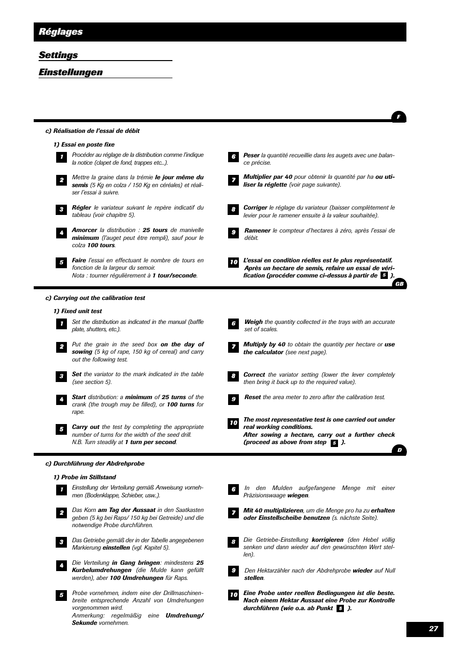 Réglages settings einstellungen | Sulky Master 3 User Manual | Page 28 / 96