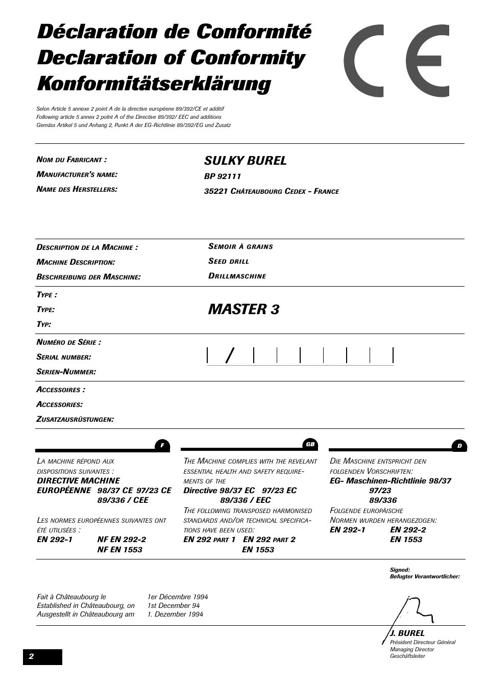 Master 3, Sulky burel | Sulky Master 3 User Manual | Page 3 / 96