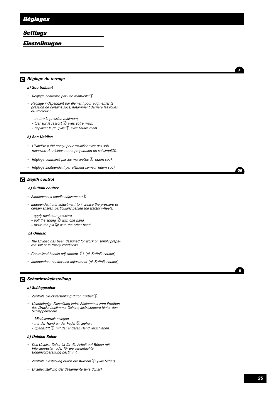 Réglages settings einstellungen | Sulky Master 3 User Manual | Page 36 / 96