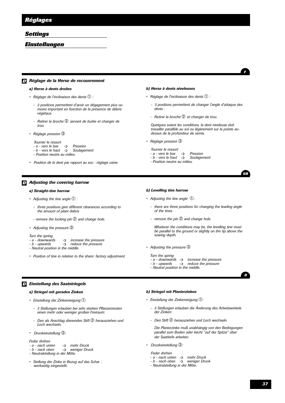 Réglages settings einstellungen | Sulky Master 3 User Manual | Page 38 / 96