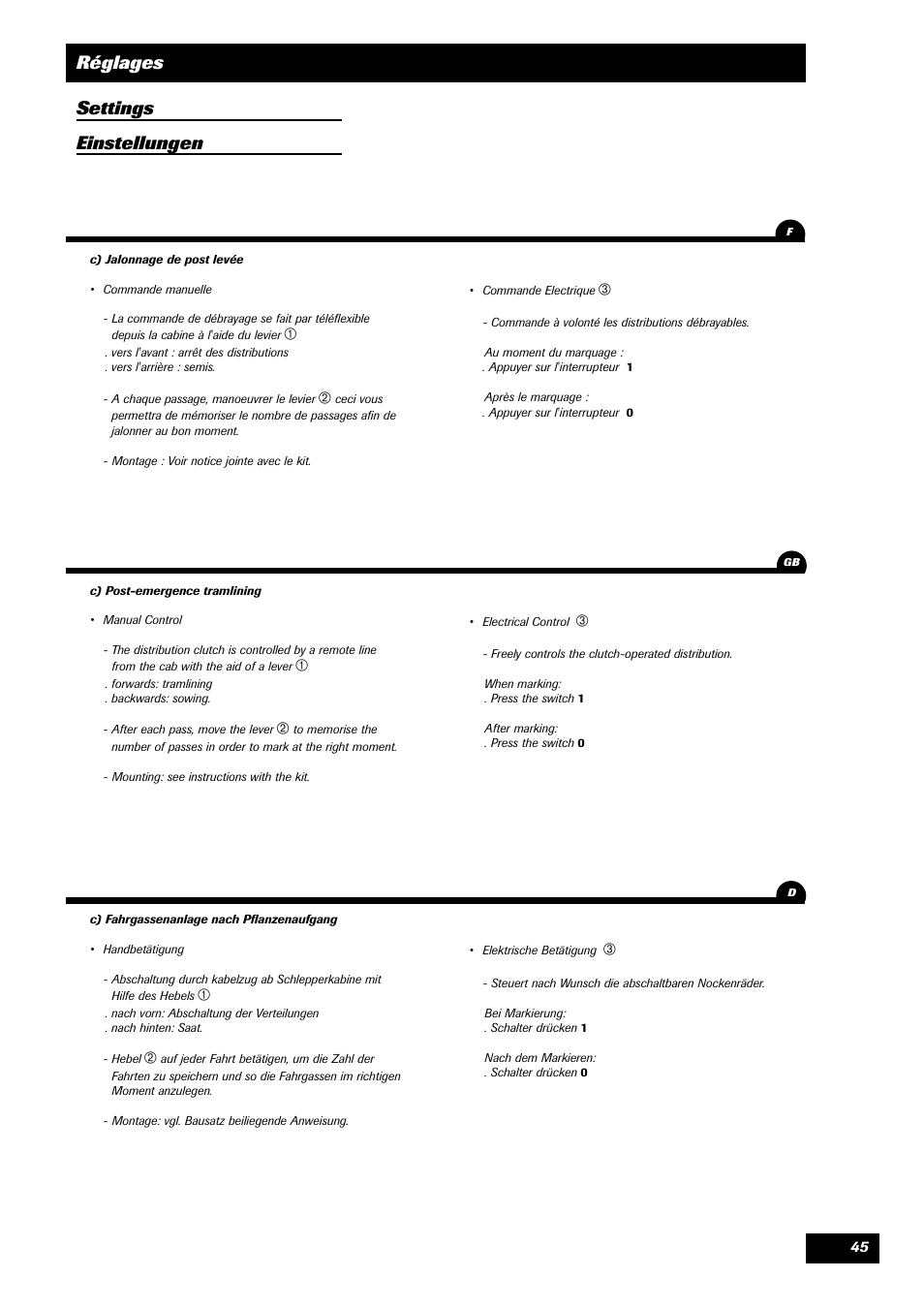 Réglages settings einstellungen | Sulky Master 3 User Manual | Page 46 / 96