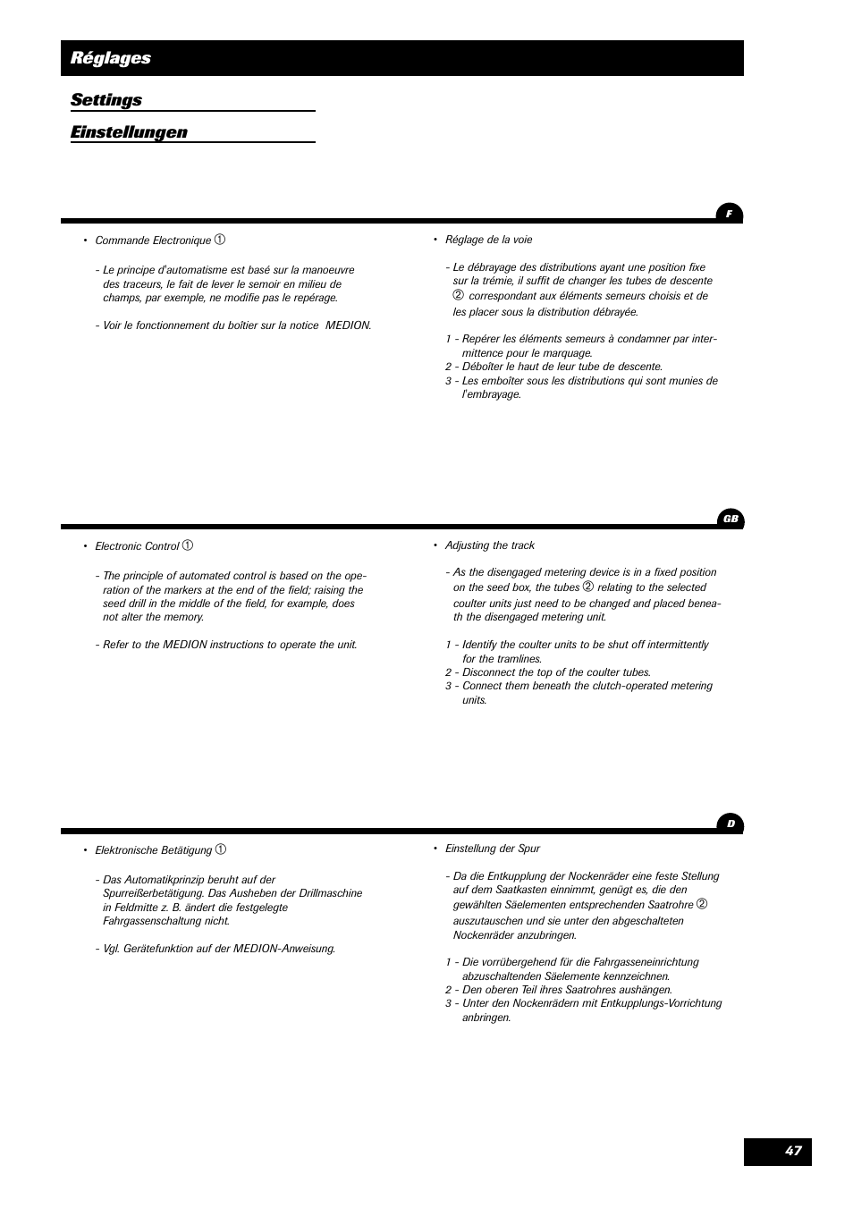 Réglages settings einstellungen | Sulky Master 3 User Manual | Page 48 / 96