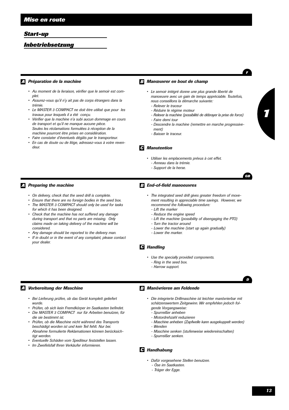Mise en route start-up inbetriebsetzung | Sulky Master 3 Compact User Manual | Page 14 / 102