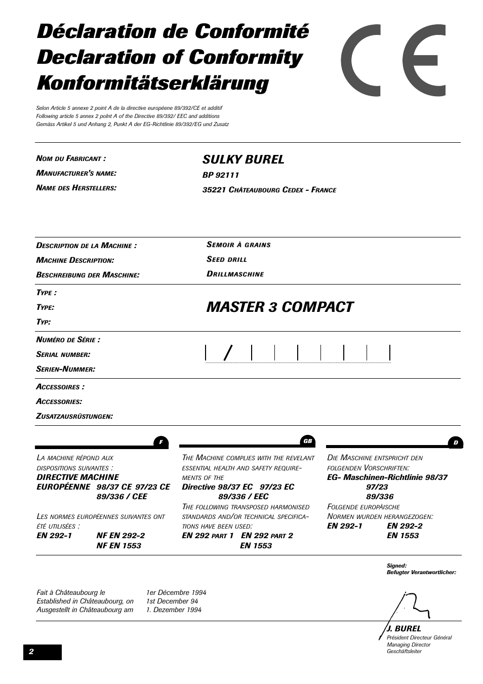Master 3 compact, Sulky burel | Sulky Master 3 Compact User Manual | Page 3 / 102
