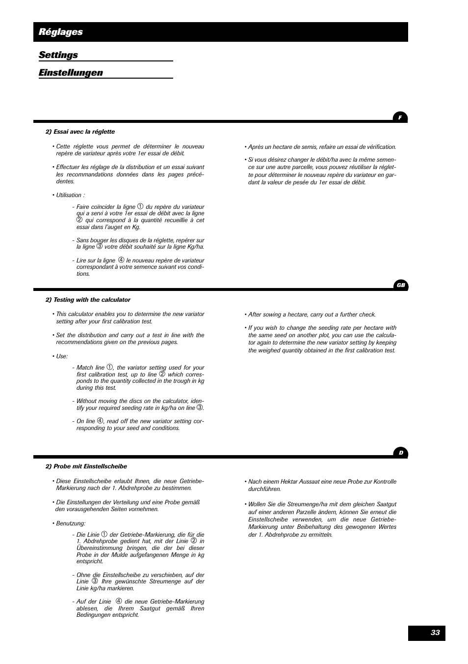 Réglages settings einstellungen | Sulky Master 3 Compact User Manual | Page 34 / 102
