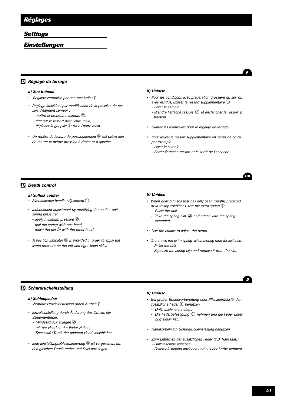 Réglages settings einstellungen | Sulky Master 3 Compact User Manual | Page 42 / 102