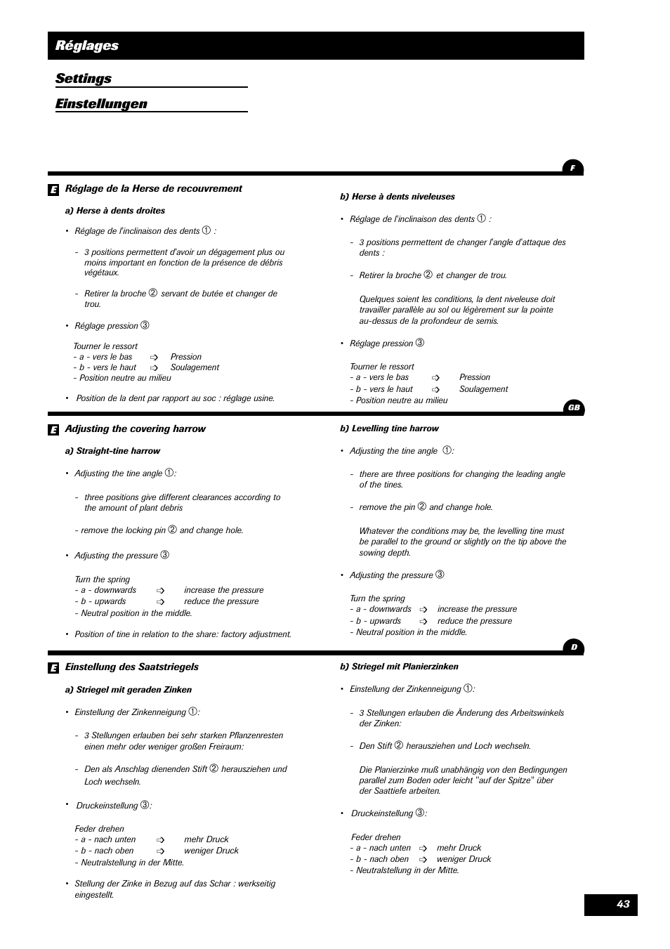 Réglages settings einstellungen | Sulky Master 3 Compact User Manual | Page 44 / 102