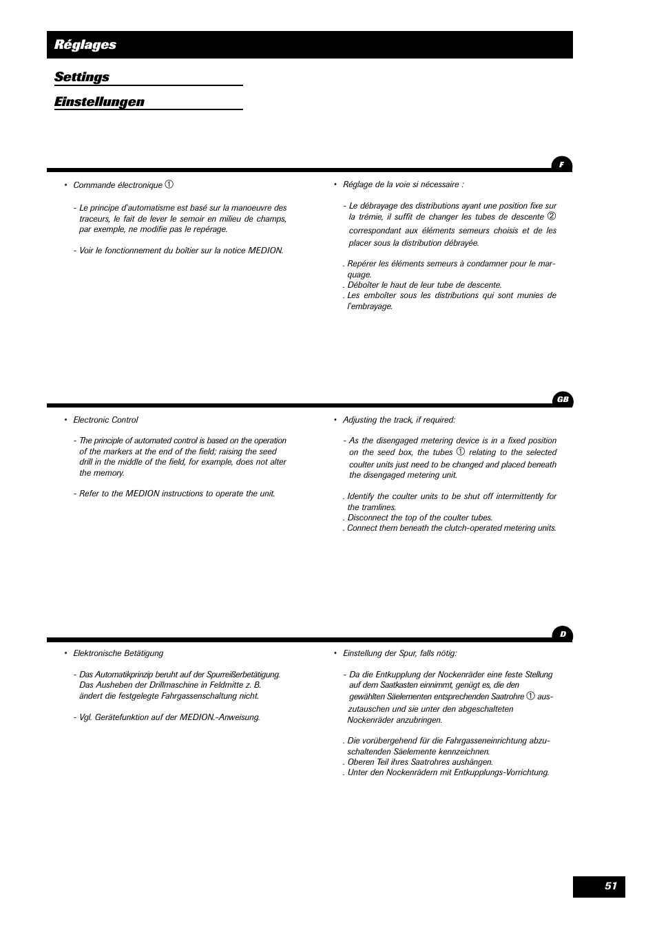 Réglages settings einstellungen | Sulky Master 3 Compact User Manual | Page 52 / 102