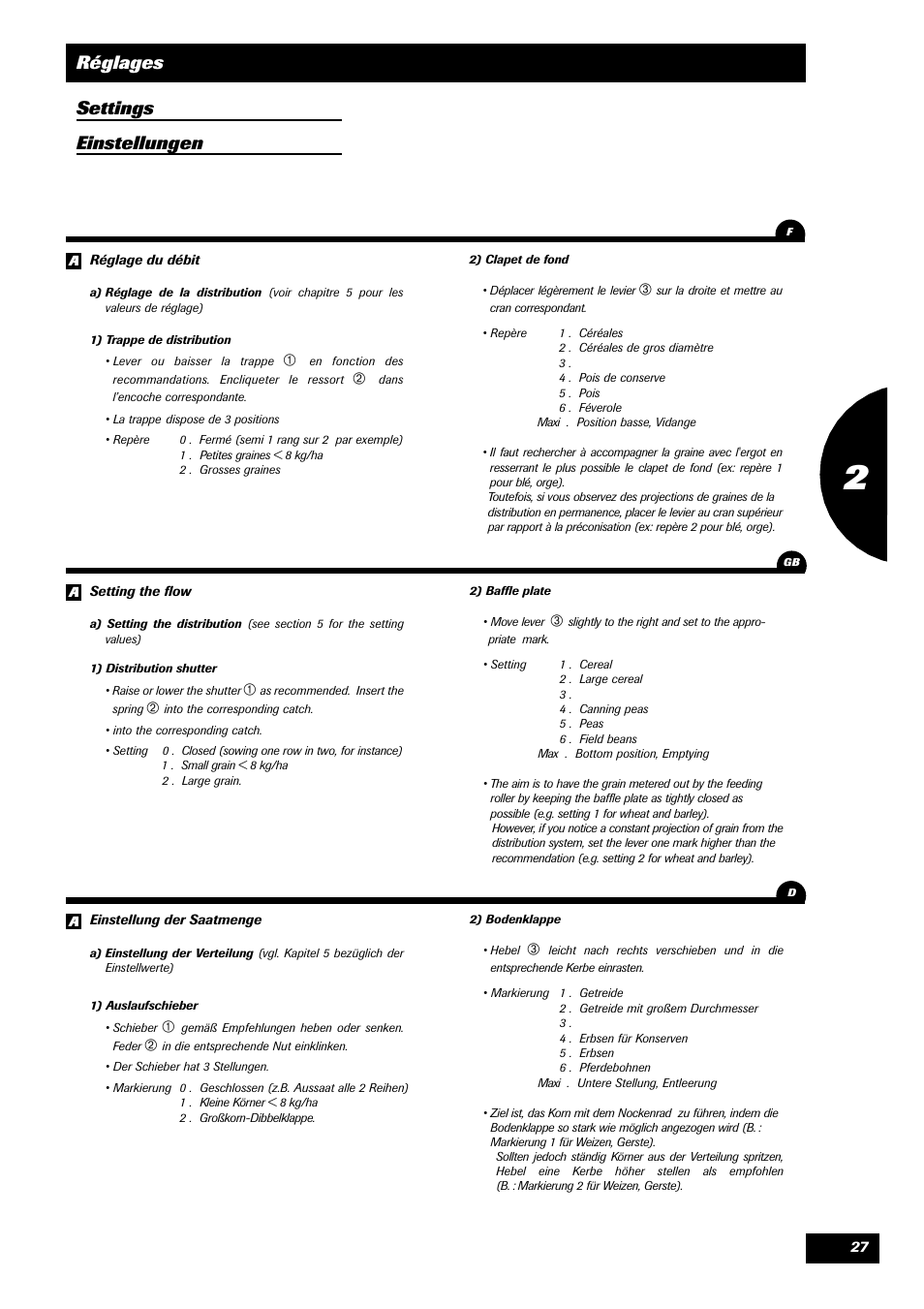 Réglages settings einstellungen | Sulky Compact Tramline User Manual | Page 28 / 104