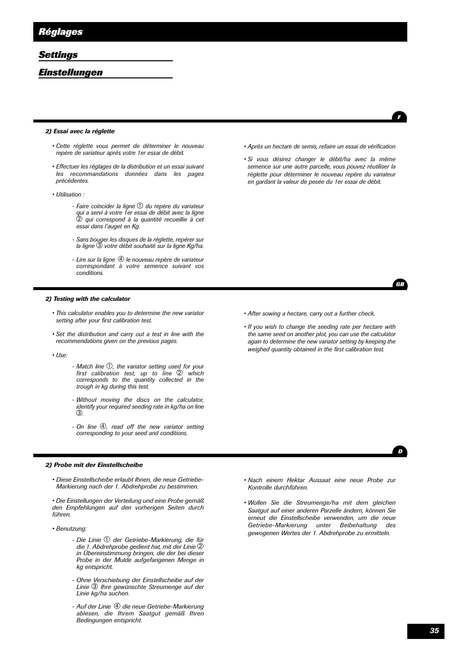 Réglages settings einstellungen | Sulky Compact Tramline User Manual | Page 36 / 104