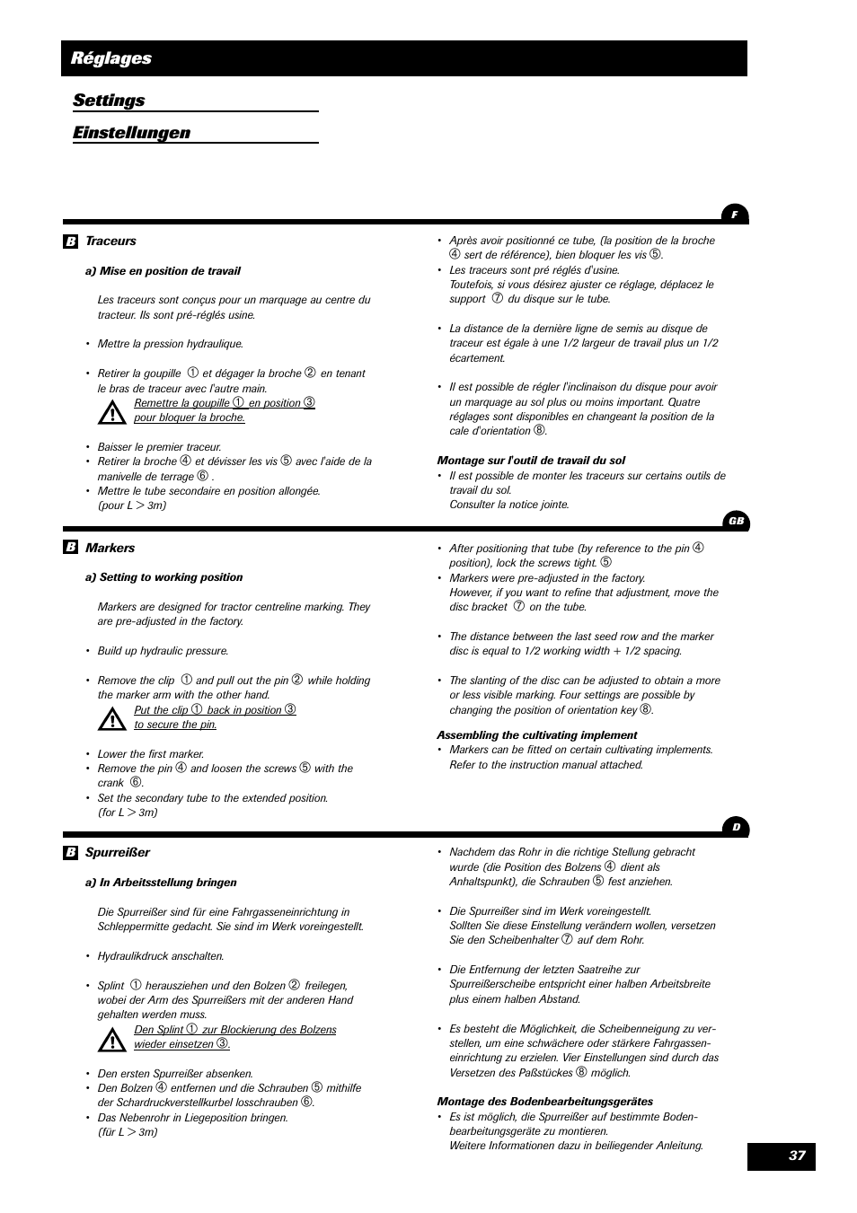 Réglages, Settings einstellungen | Sulky Compact Tramline User Manual | Page 38 / 104