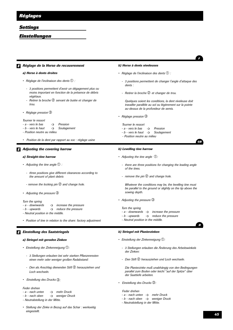 Réglages settings einstellungen | Sulky Compact Tramline User Manual | Page 46 / 104