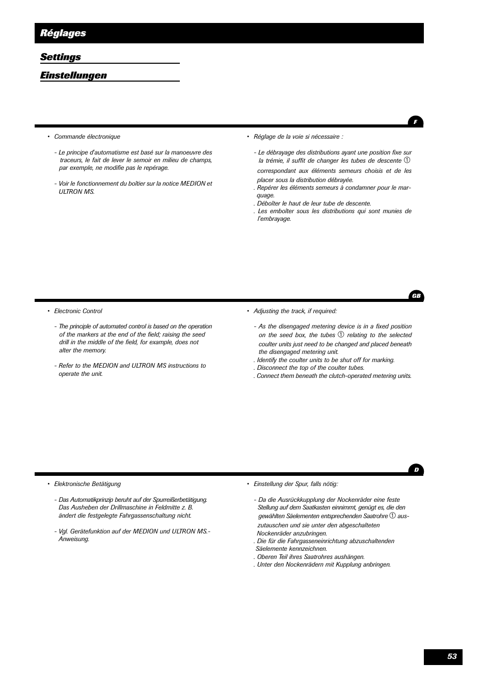 Réglages settings einstellungen | Sulky Compact Tramline User Manual | Page 54 / 104
