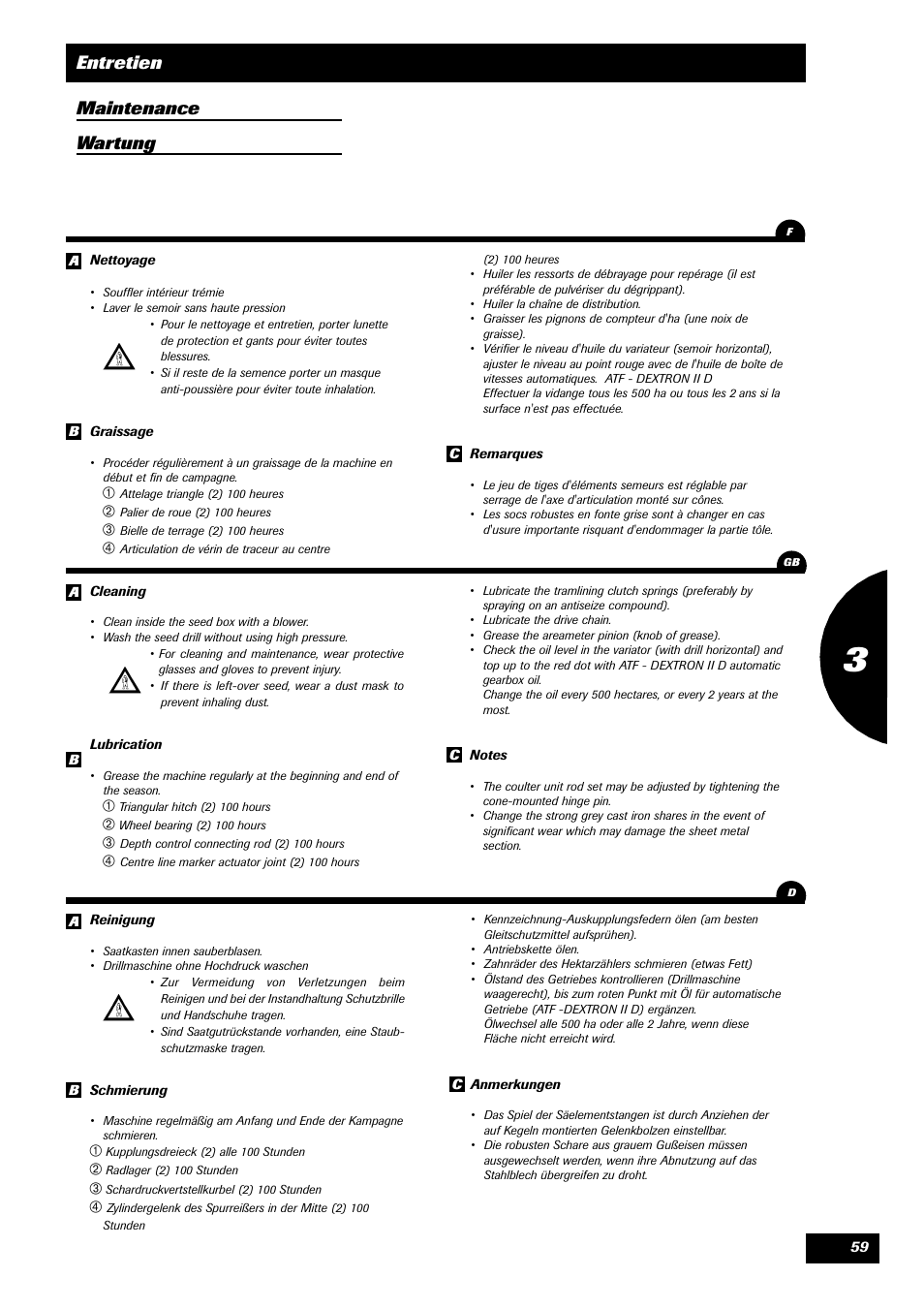 Entretien maintenance wartung | Sulky Compact Tramline User Manual | Page 60 / 104