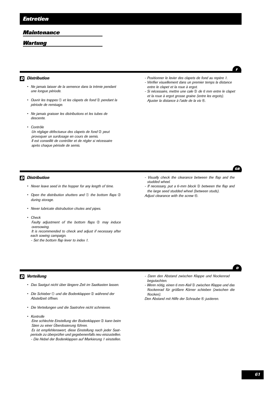 Entretien maintenance wartung | Sulky Compact Tramline User Manual | Page 62 / 104