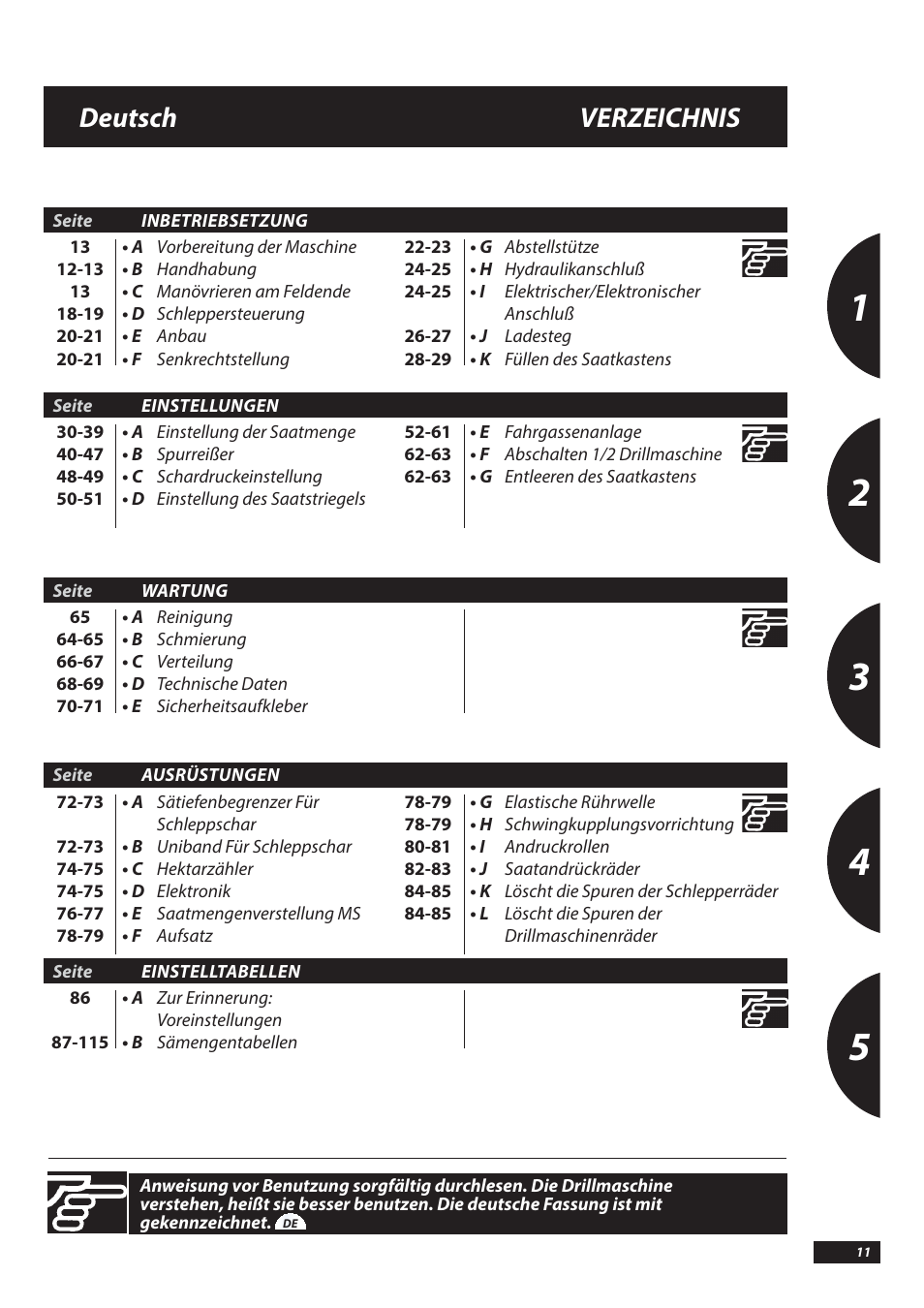Deutsch verzeichnis | Sulky Tramline SX > 03/2014 User Manual | Page 13 / 117