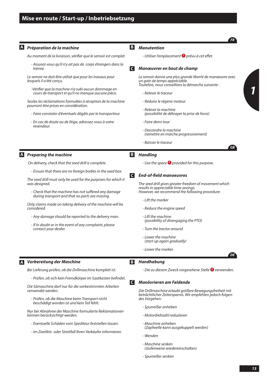 Mise en route / start-up / inbetriebsetzung | Sulky Tramline SX > 03/2014 User Manual | Page 15 / 117
