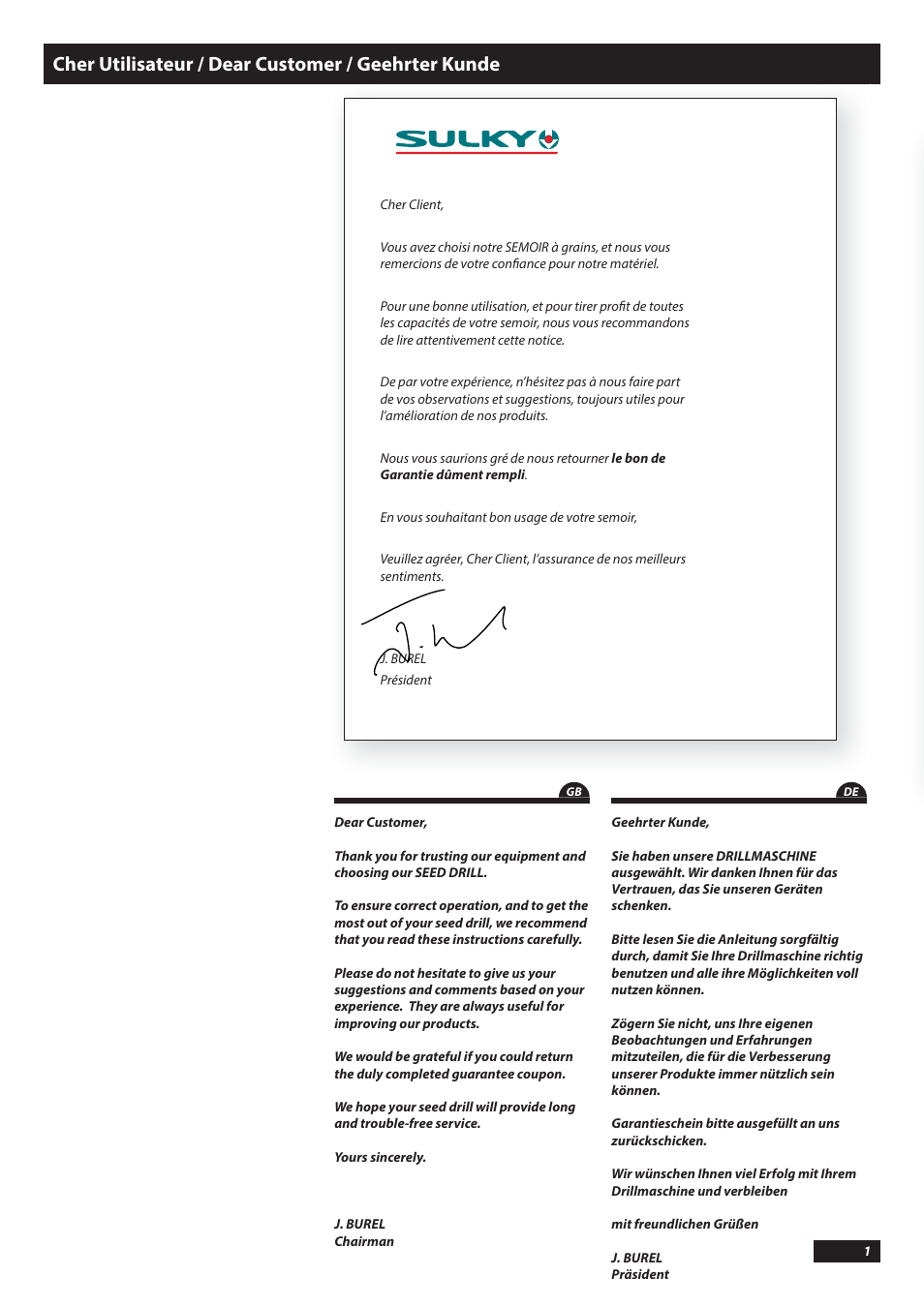 Cher utilisateur / dear customer / geehrter kunde | Sulky Tramline SX > 03/2014 User Manual | Page 3 / 117