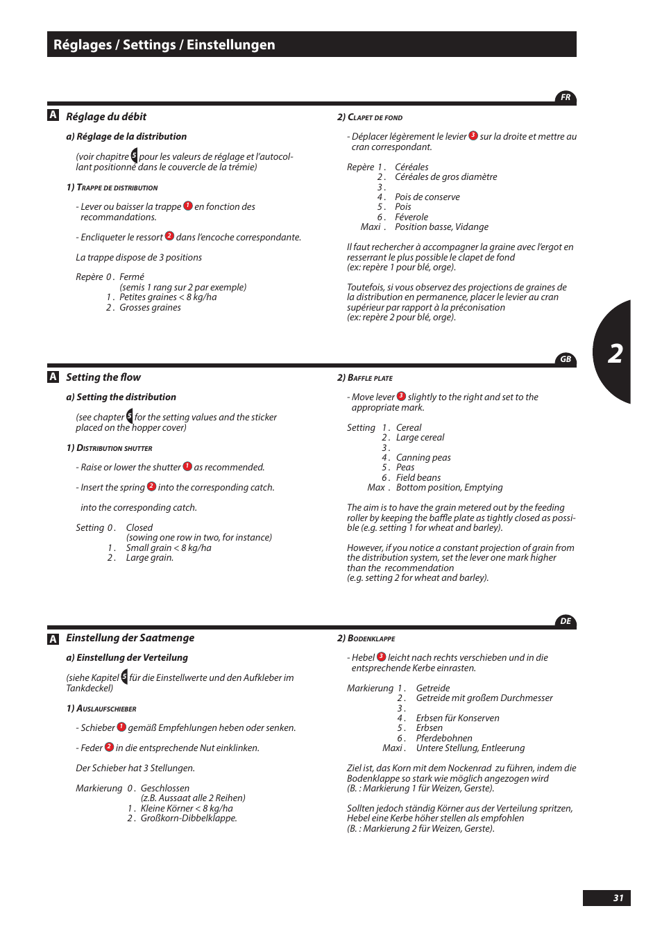 Réglages / settings / einstellungen | Sulky Tramline SX > 03/2014 User Manual | Page 33 / 117