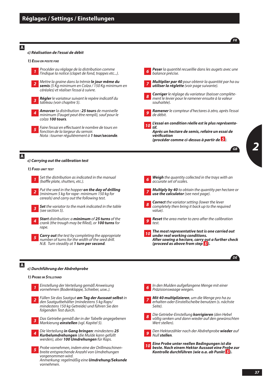 Réglages / settings / einstellungen | Sulky Tramline SX > 03/2014 User Manual | Page 39 / 117