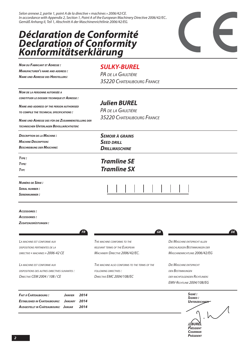 Sulky-burel, Julien burel, Tramline se tramline sx | Sulky Tramline SX > 03/2014 User Manual | Page 4 / 117
