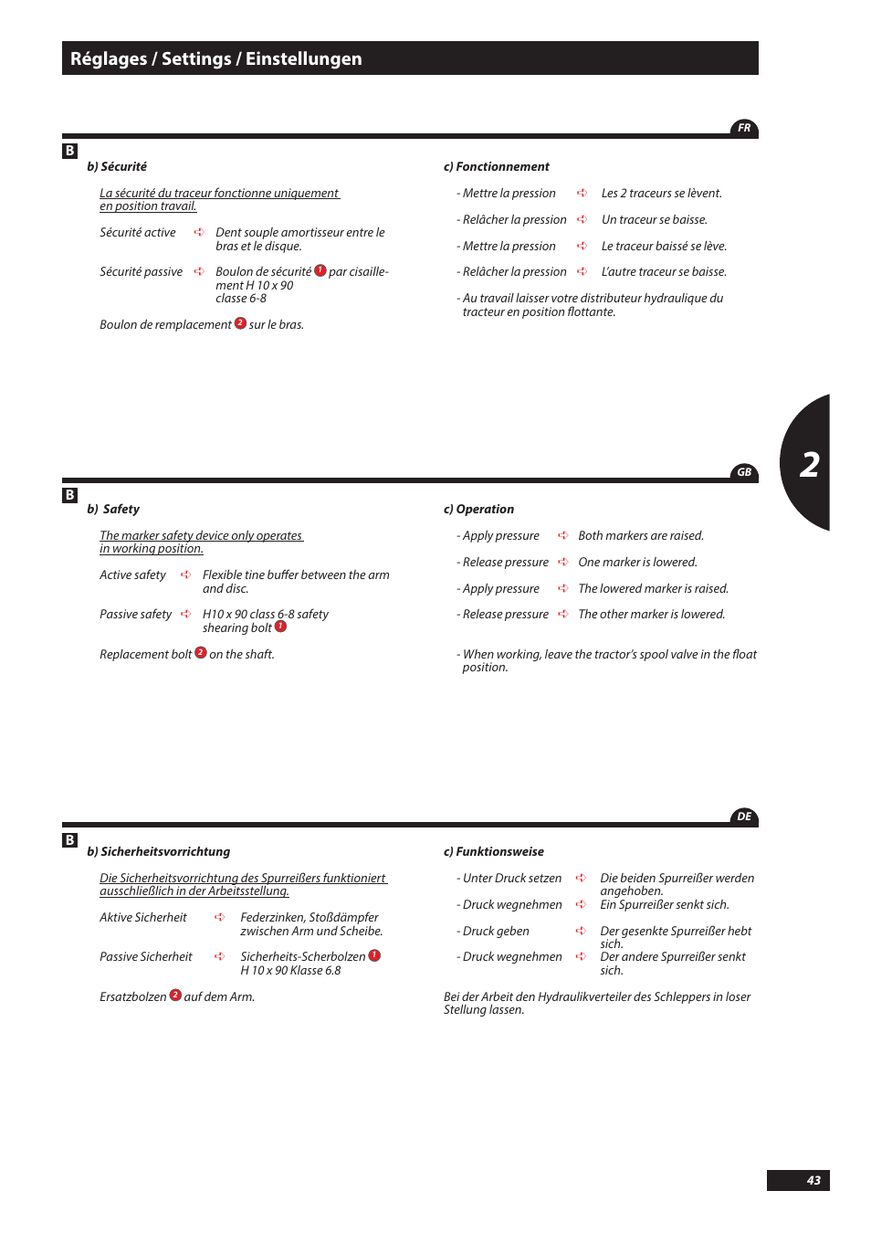 Réglages / settings / einstellungen | Sulky Tramline SX > 03/2014 User Manual | Page 45 / 117
