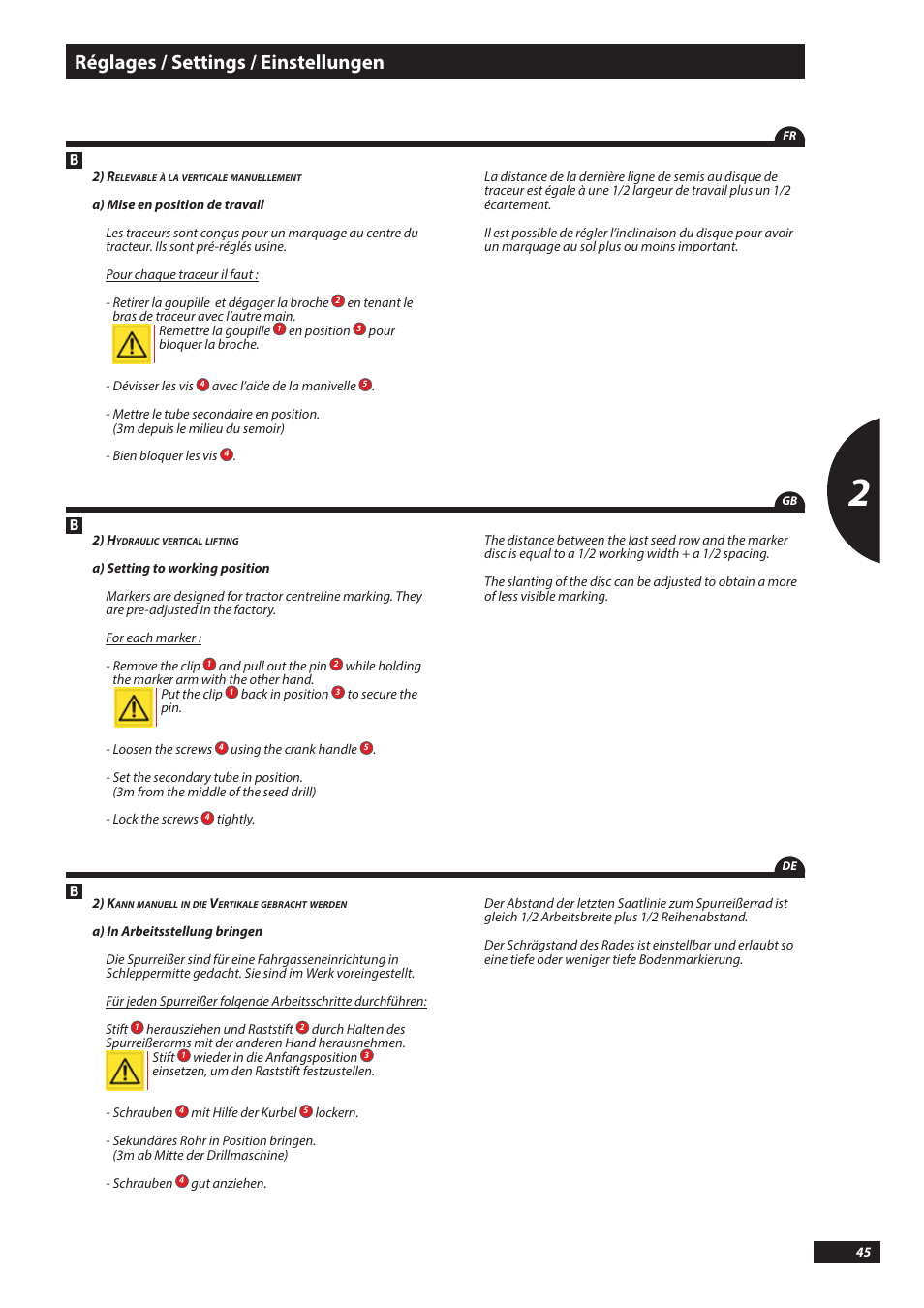 Réglages / settings / einstellungen | Sulky Tramline SX > 03/2014 User Manual | Page 47 / 117