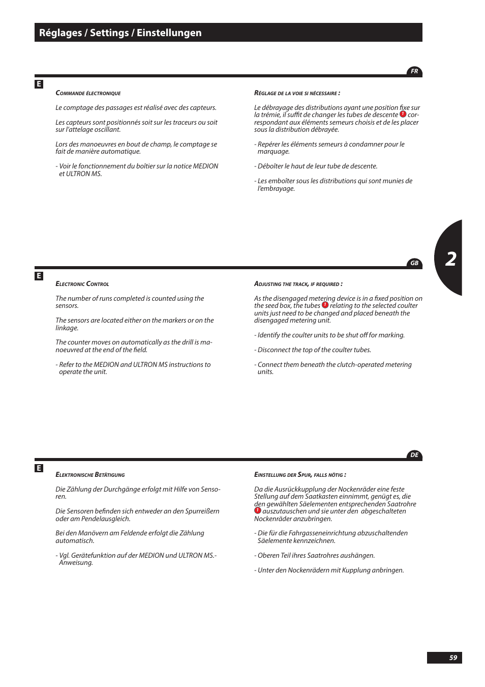 Réglages / settings / einstellungen | Sulky Tramline SX > 03/2014 User Manual | Page 61 / 117