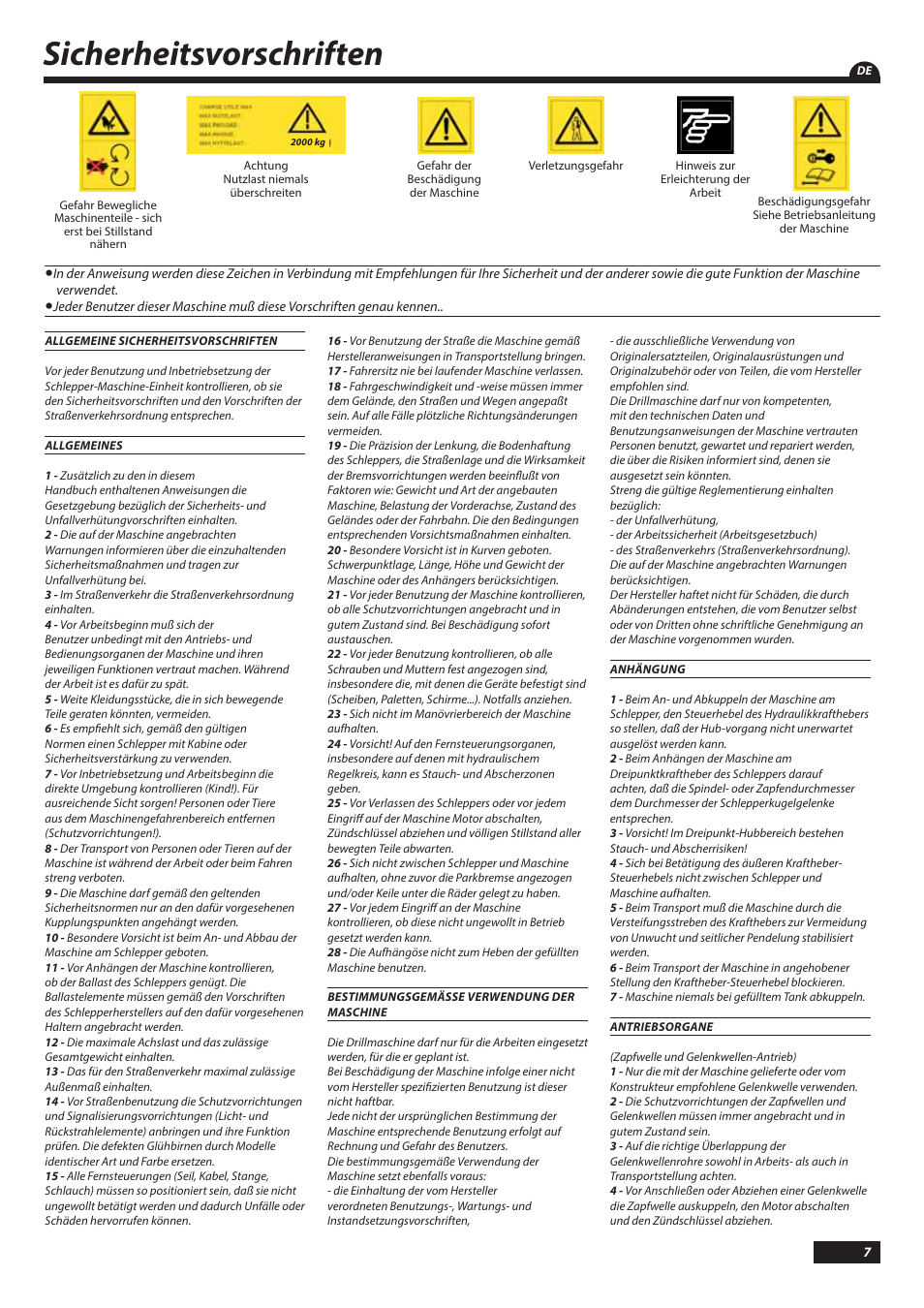 Sicherheitsvorschriften | Sulky Tramline SX > 03/2014 User Manual | Page 9 / 117