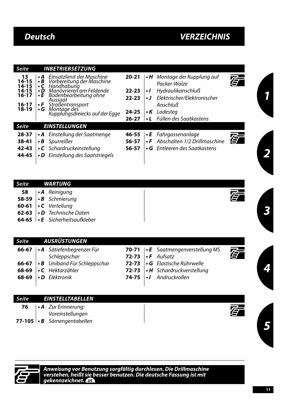 Deutsch verzeichnis | Sulky Tramline CX > 03/2014 User Manual | Page 13 / 107