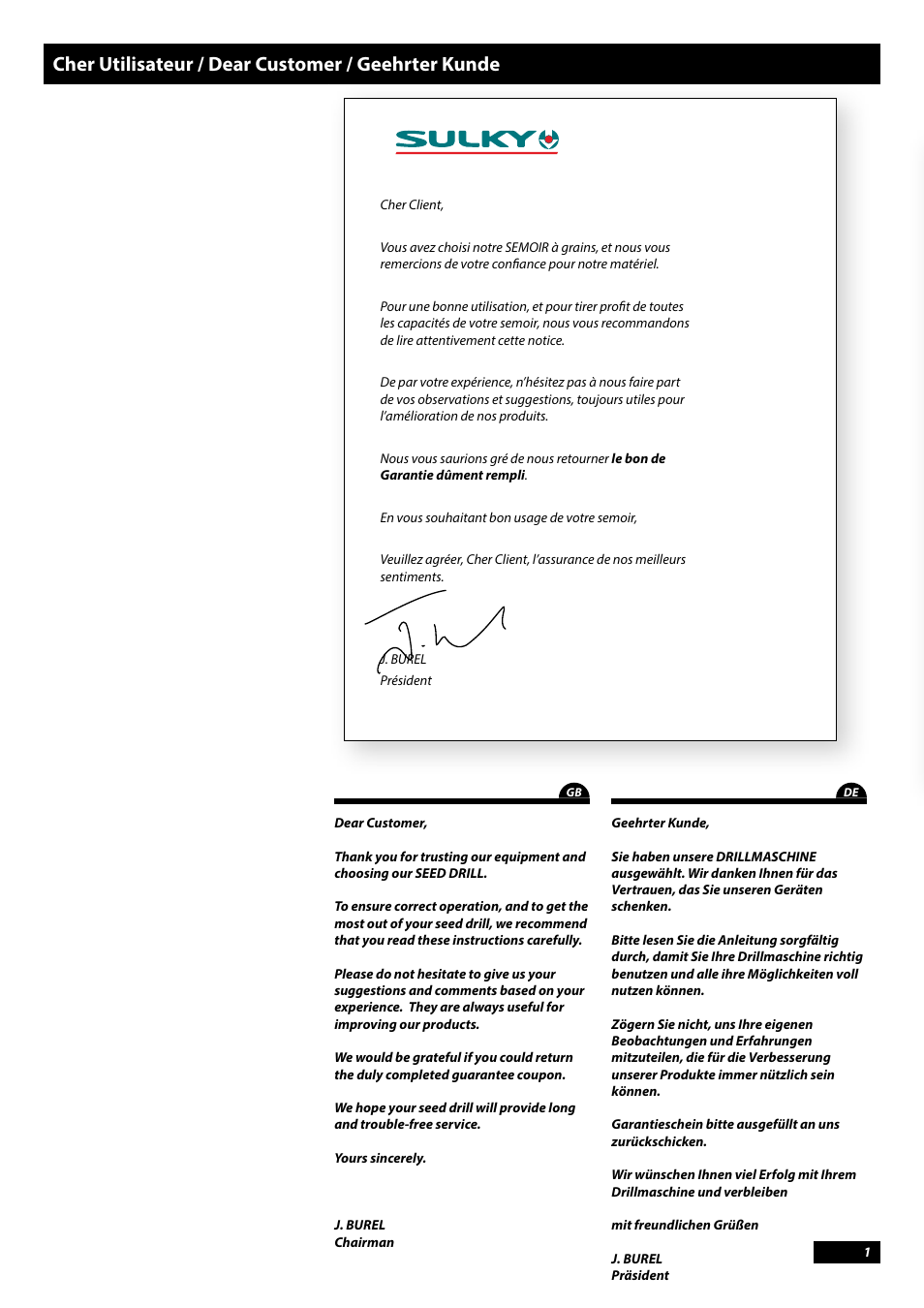 Cher utilisateur / dear customer / geehrter kunde | Sulky Tramline CX > 03/2014 User Manual | Page 3 / 107