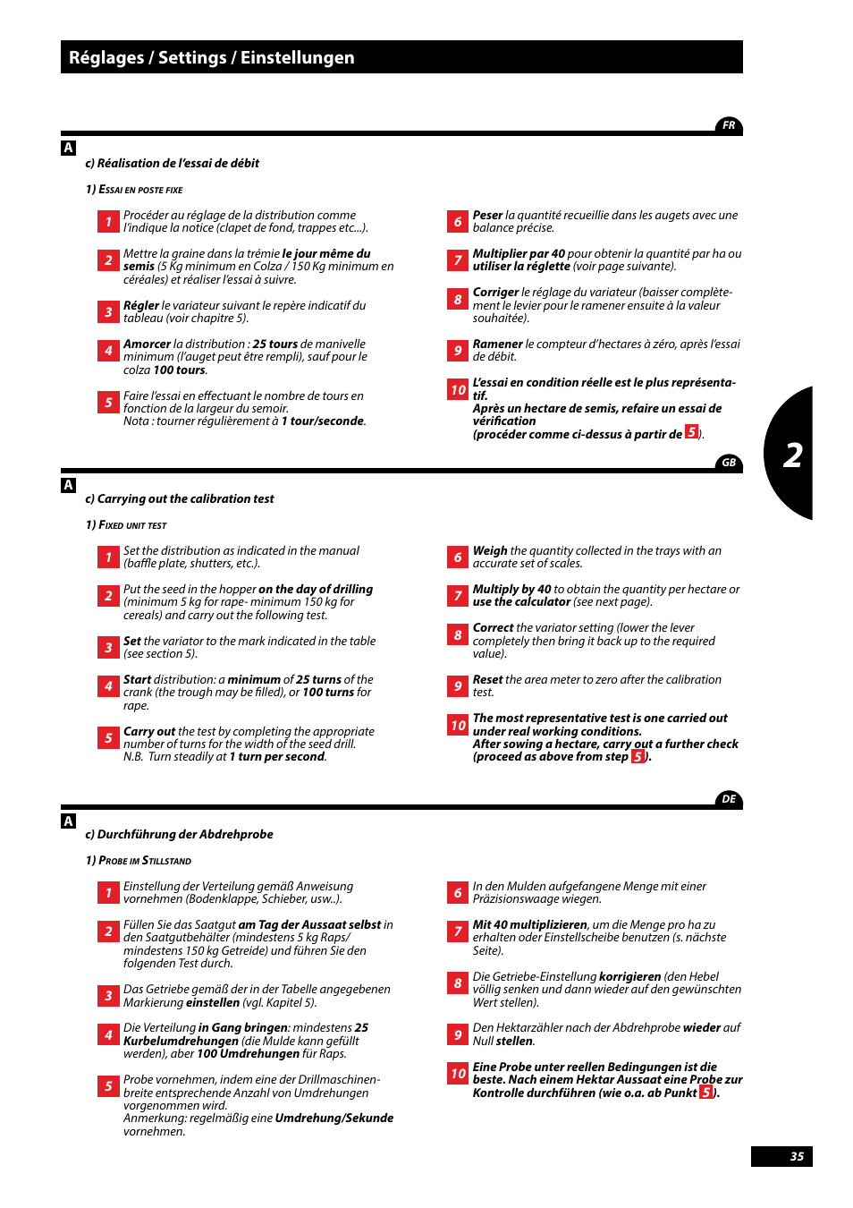 Réglages / settings / einstellungen | Sulky Tramline CX > 03/2014 User Manual | Page 37 / 107
