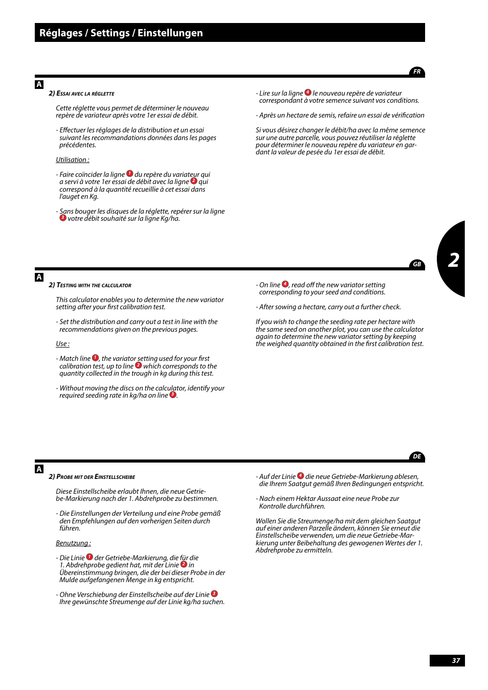 Réglages / settings / einstellungen | Sulky Tramline CX > 03/2014 User Manual | Page 39 / 107