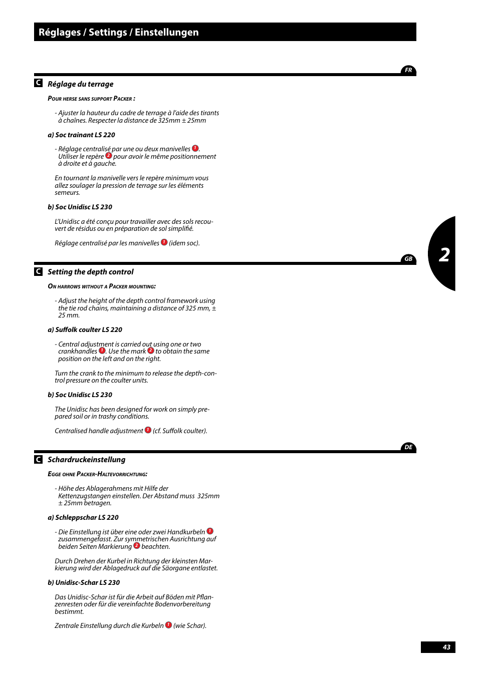 Réglages / settings / einstellungen | Sulky Tramline CX > 03/2014 User Manual | Page 45 / 107