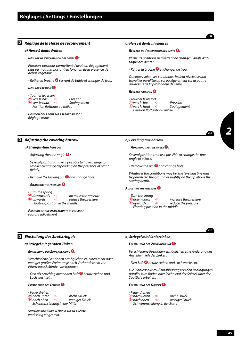 Réglages / settings / einstellungen | Sulky Tramline CX > 03/2014 User Manual | Page 47 / 107