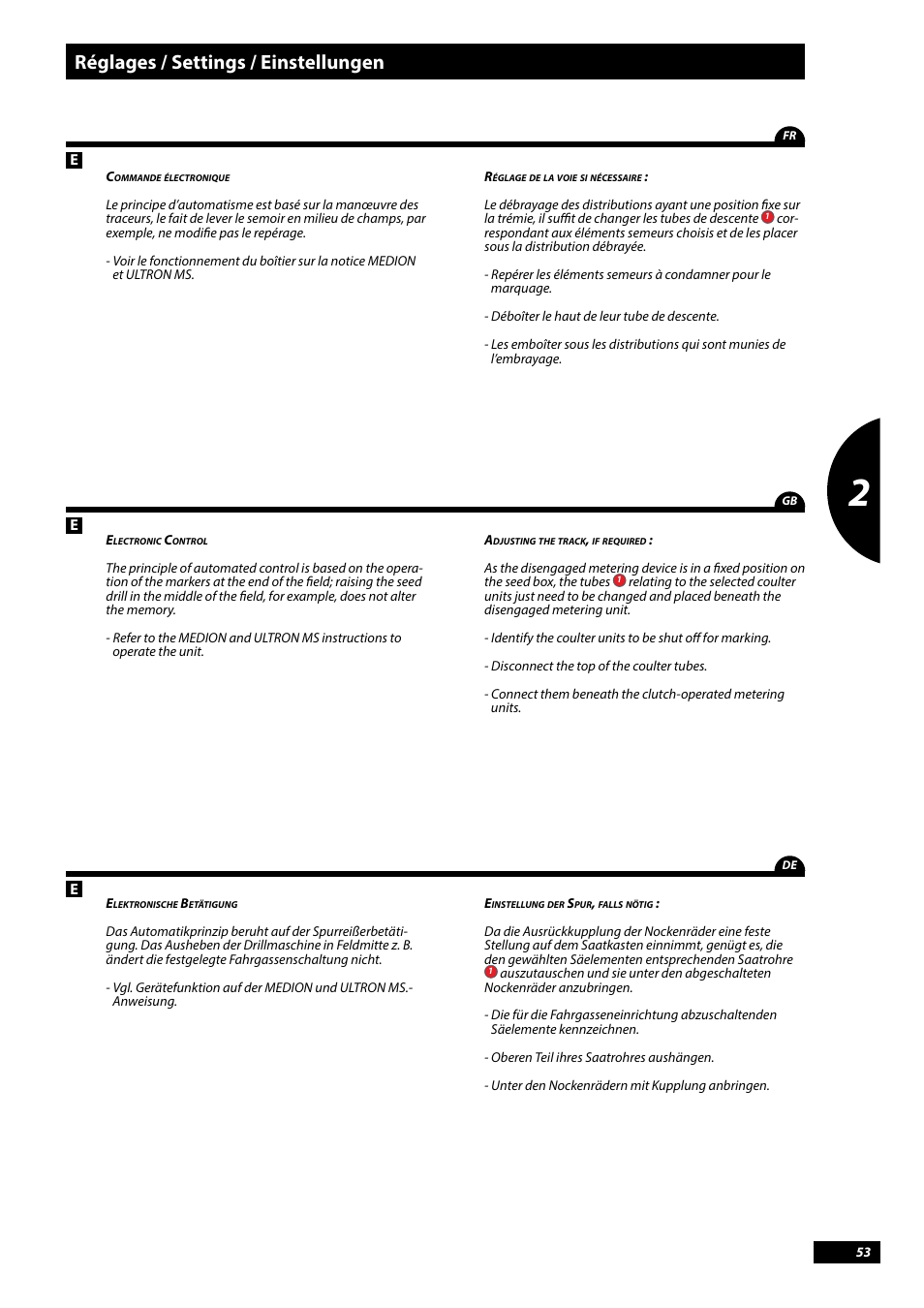 Réglages / settings / einstellungen | Sulky Tramline CX > 03/2014 User Manual | Page 55 / 107