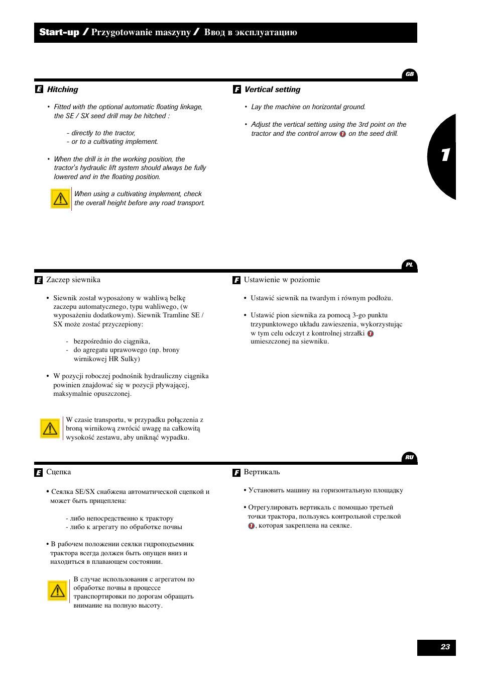 Start-up, Przygotowanie maszyny, Ввод в эксплуатацию | Sulky Tramline SX > 03/2014 User Manual | Page 25 / 120
