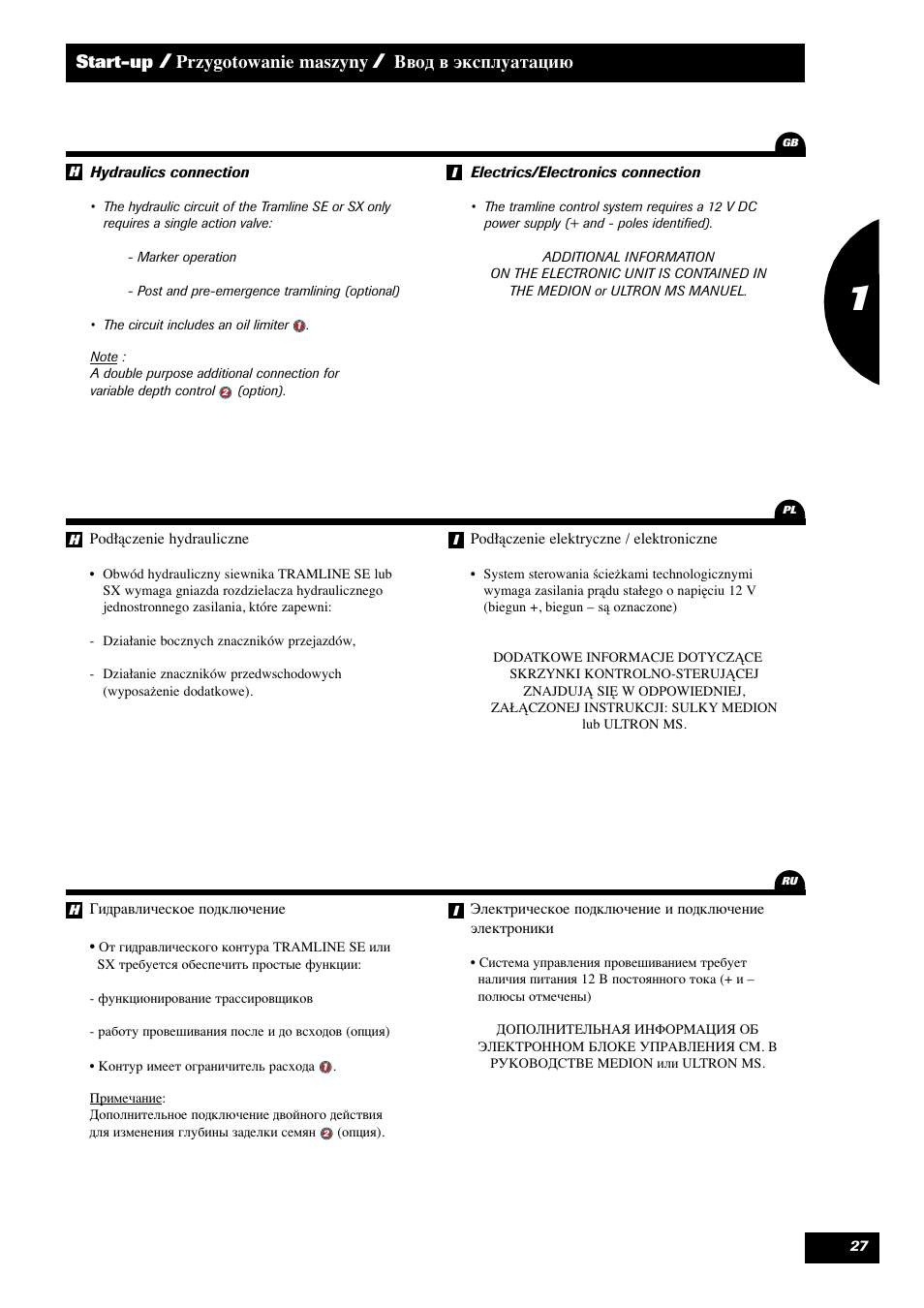 Start-up, Przygotowanie maszyny, Ввод в эксплуатацию | Sulky Tramline SX > 03/2014 User Manual | Page 29 / 120