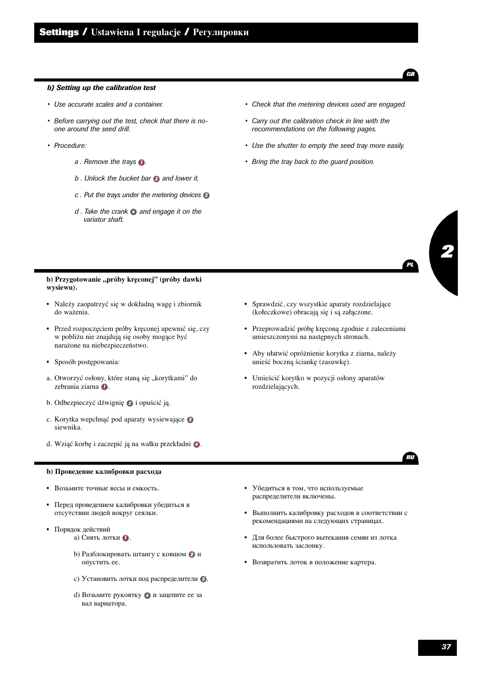 Settings, Ustawiena i regulacje, Регулировки | Sulky Tramline SX > 03/2014 User Manual | Page 39 / 120