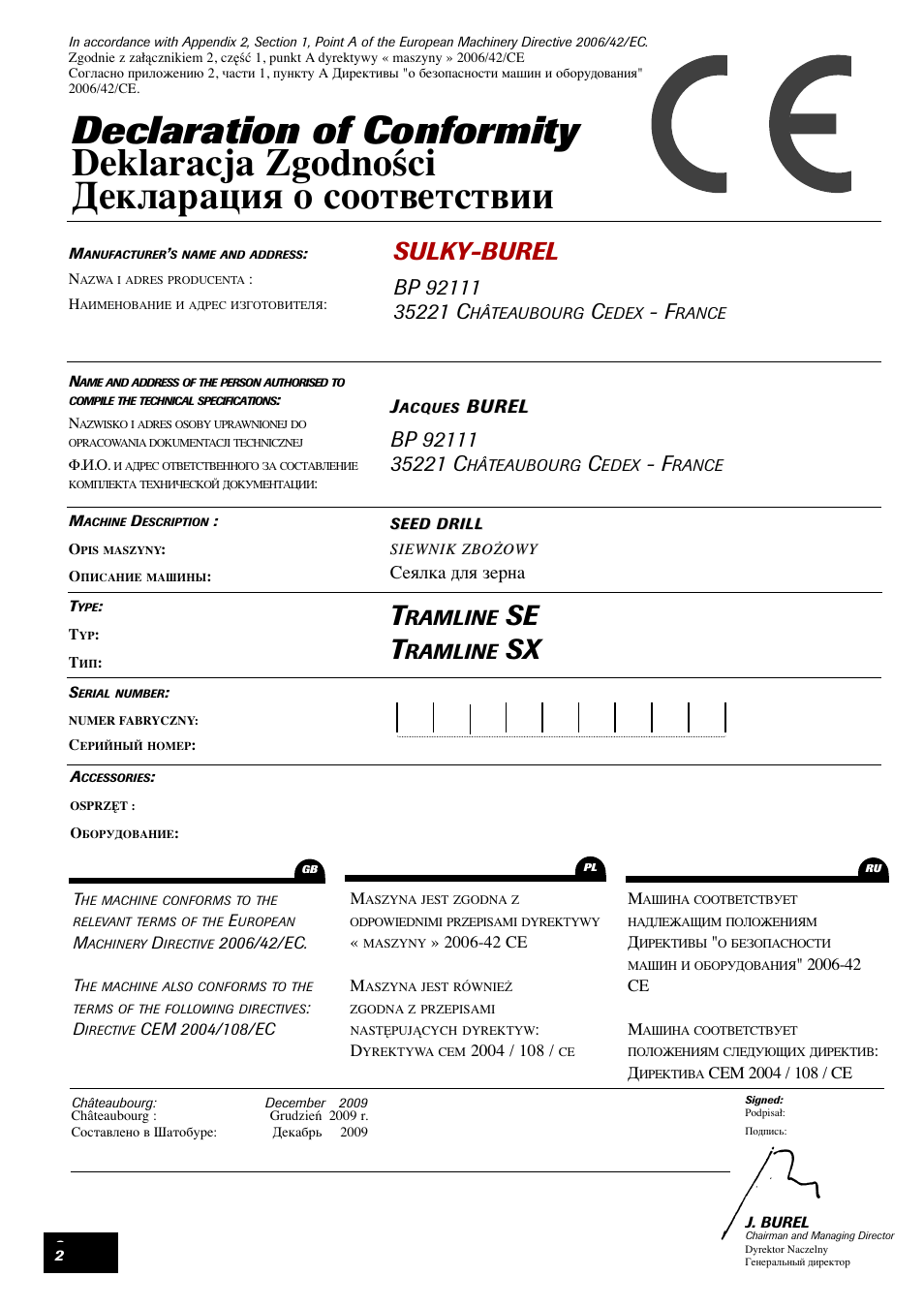 Se t, Sulky-burel, Ramline | Sulky Tramline SX > 03/2014 User Manual | Page 4 / 120