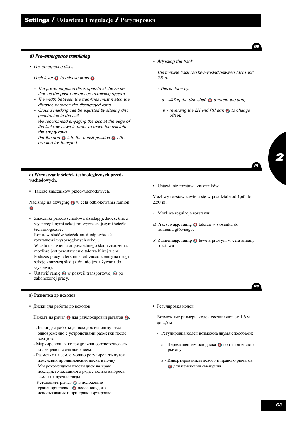 Settings, Ustawiena i regulacje, Регулировки | Sulky Tramline SX > 03/2014 User Manual | Page 65 / 120