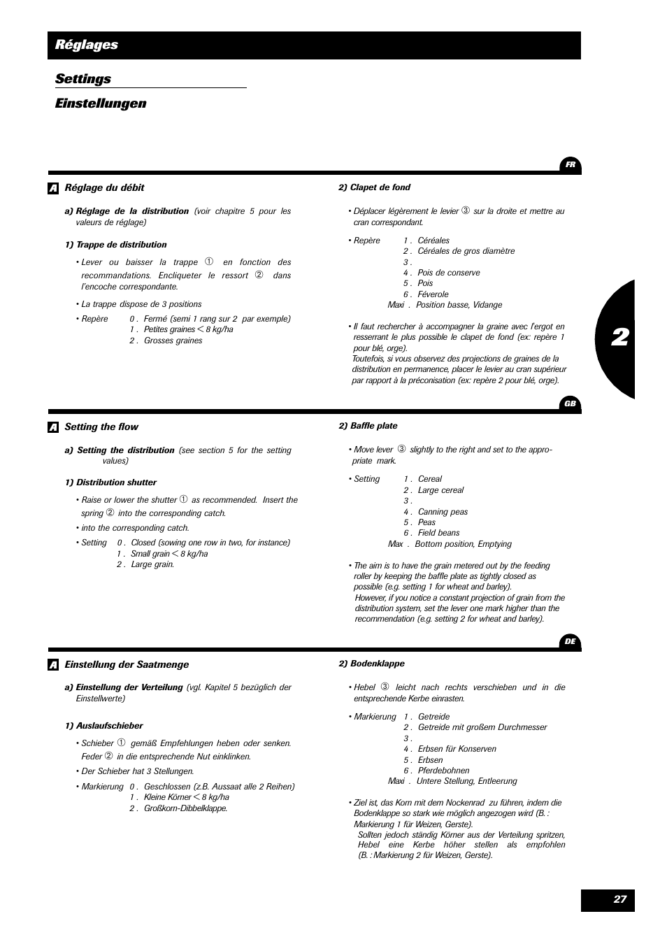 Réglages settings einstellungen | Sulky Tramline CX > 03/2014 User Manual | Page 29 / 105