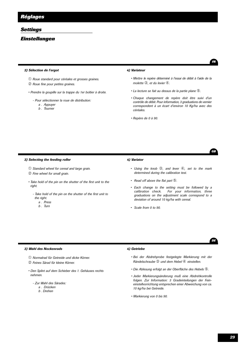 Réglages settings einstellungen | Sulky Tramline CX > 03/2014 User Manual | Page 31 / 105