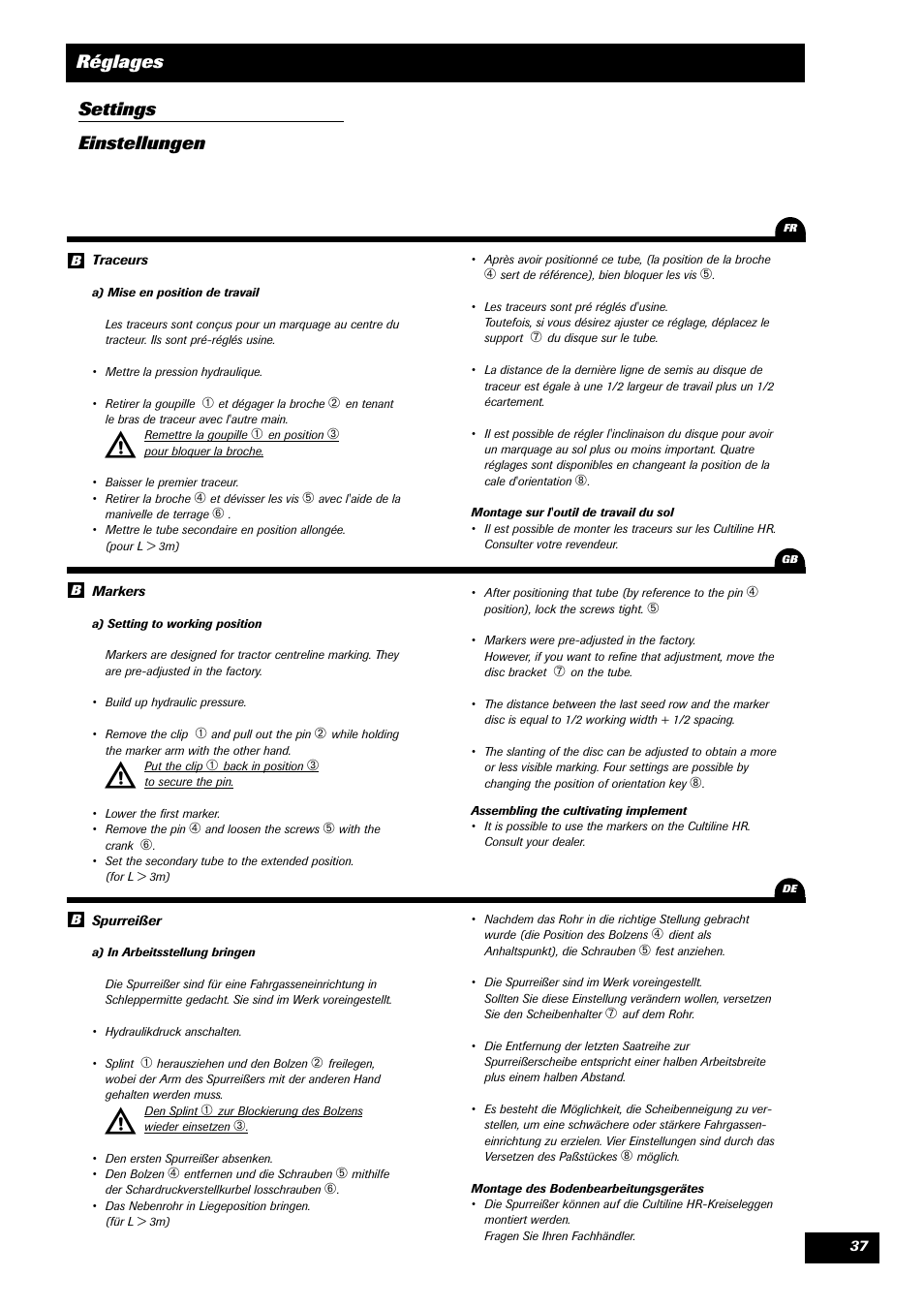 Réglages settings einstellungen | Sulky Tramline CX > 03/2014 User Manual | Page 39 / 105