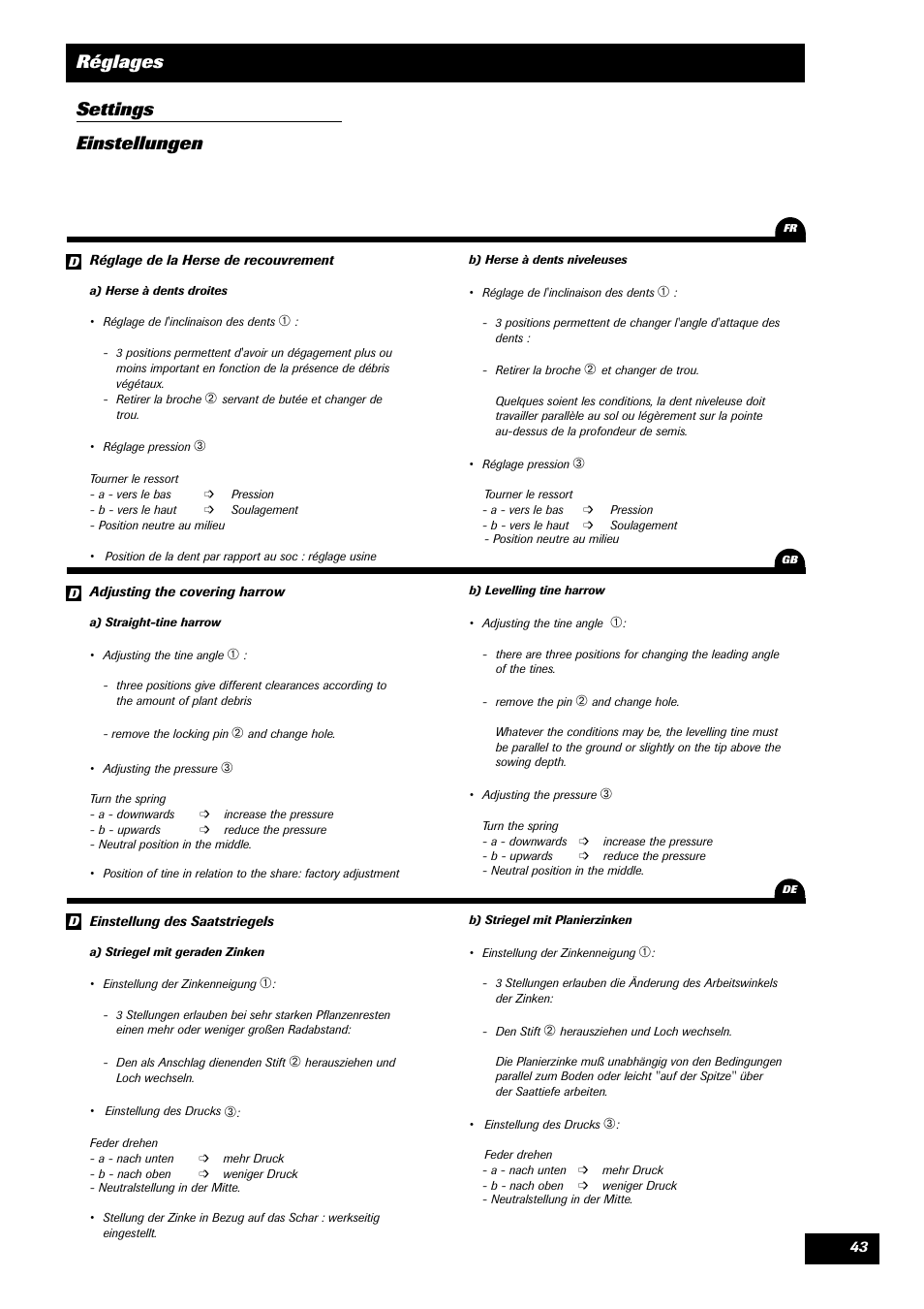 Réglages settings einstellungen | Sulky Tramline CX > 03/2014 User Manual | Page 45 / 105
