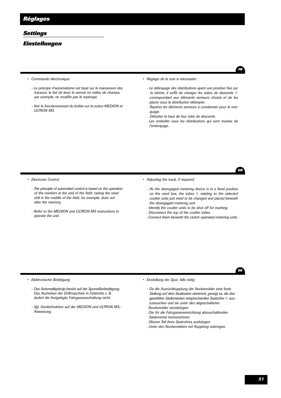 Réglages settings einstellungen | Sulky Tramline CX > 03/2014 User Manual | Page 53 / 105