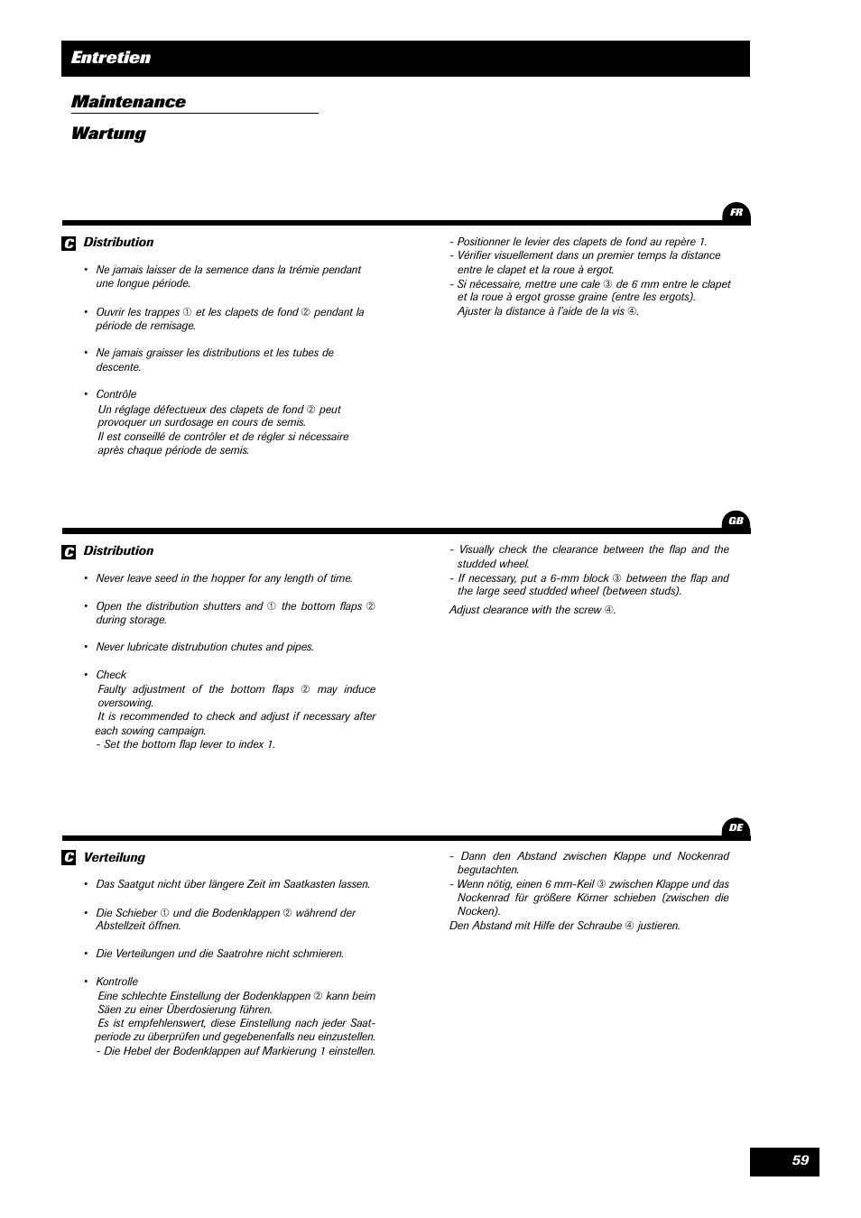 Entretien maintenance wartung | Sulky Tramline CX > 03/2014 User Manual | Page 61 / 105